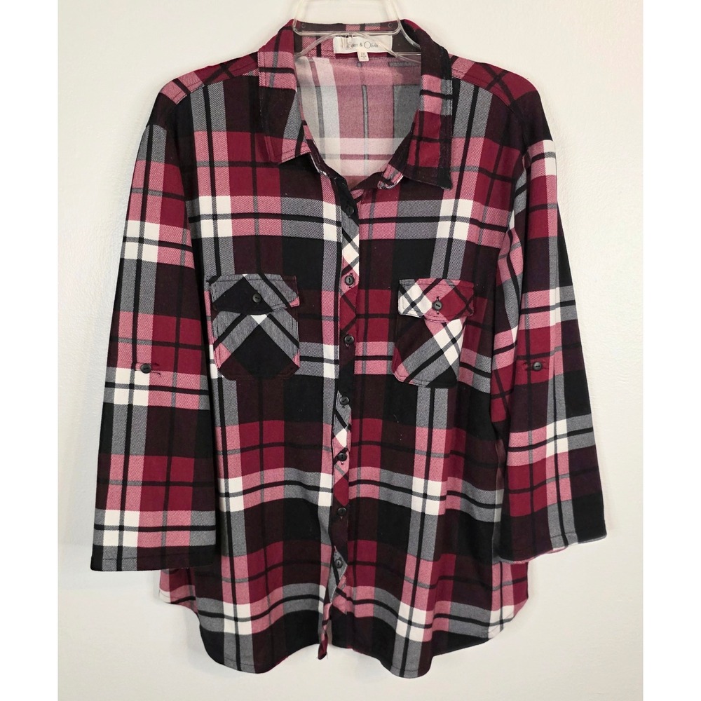 Eden & Olivia Womens 2X Plaid Button Down Shirt Red Black Roll Tab Sleeve Top